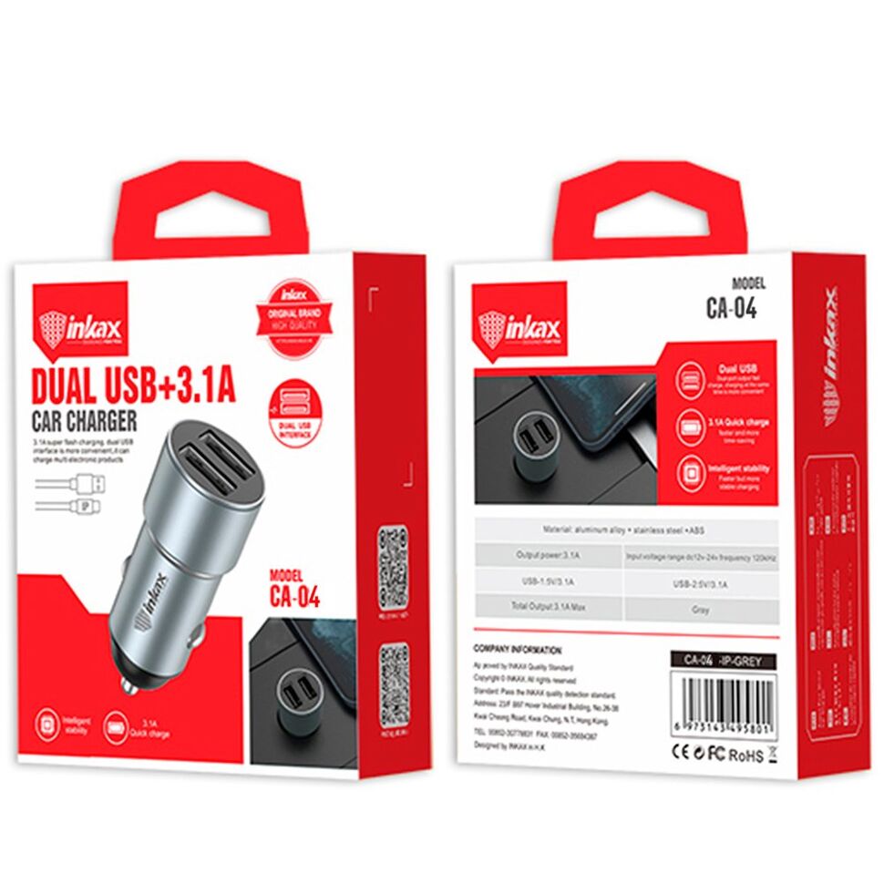 Автомобільний зарядний пристрій INKAX CA-04 3.1A | 2 USB + USB кабель LIGHTNING