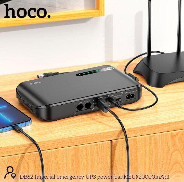 ДБЖ для роутера HOCO DB62 UPS + POWERBANK 20000mah 9V/12V + USB 5V + TYPE-C 1A, ЧОРНИЙ ДБЖ для роутера HOCO DB62 UPS + POWERBANK 20000mah 9V/12V + USB 5V + TYPE-C 1A, ЧОРНИЙ
