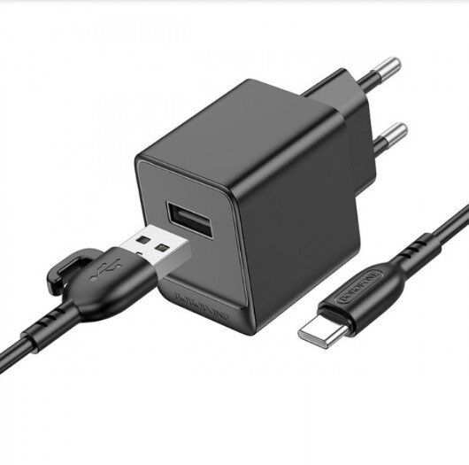 Мережевий зарядний пристрій BOROFONE BAS11A USB 10.5W + кабель USB - TYPE-C, чорний Мережевий зарядний пристрій BOROFONE BAS11A USB 10.5W + кабель USB - TYPE-C, чорний