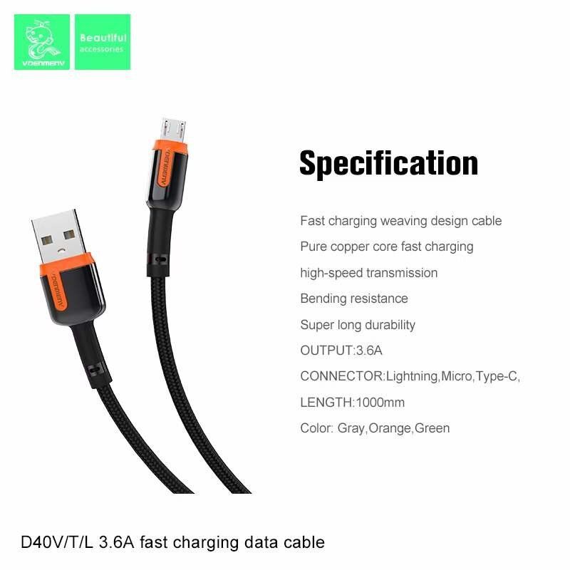 Кабель USB Denmen D40V USB - micro USB 3.6A ТКАНИНОВА ОПЛЕТКА