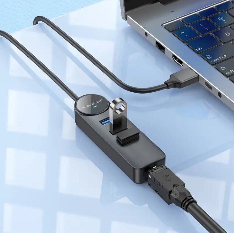Перехідник BOROFONE DH6 USB HUB 4-в-1 (USB на USB 3.0*4шт. + RJ45) довжина 0,2 метри