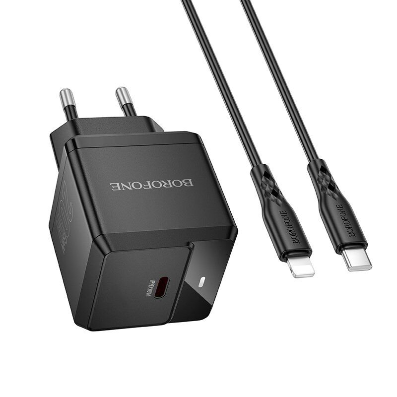 Мережевий зарядний пристрій BOROFONE BN18 Intenso PD 20W (USB-C) + кабель Type-C - Lightning, чорний (EU)