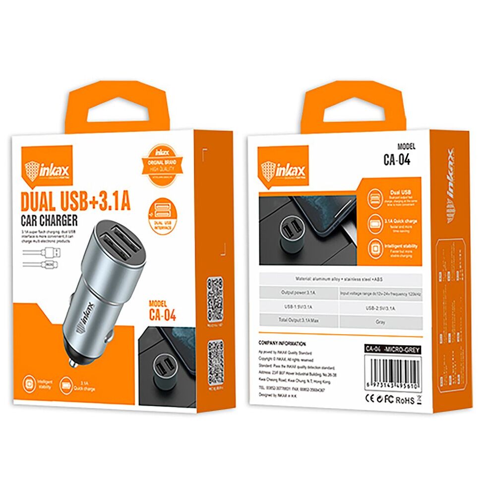 Автомобільний зарядний пристрій INKAX CA-04 3.1A | 2 USB + USB кабель MICRO Автомобільний зарядний пристрій INKAX CA-04 3.1A | 2 USB + USB кабель MICRO