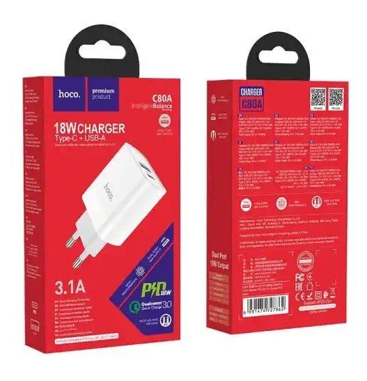 Мережевий зарядний пристрій HOCO C80A Rapido TYPE-C PD 20W + USB QC 3.0, БІЛИЙ Мережевий зарядний пристрій HOCO C80A Rapido TYPE-C PD 20W + USB QC 3.0, БІЛИЙ