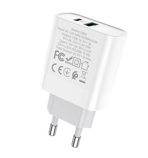 Мережевий зарядний пристрій HOCO C80A Rapido TYPE-C PD 20W + USB QC 3.0, БІЛИЙ Мережевий зарядний пристрій HOCO C80A Rapido TYPE-C PD 20W + USB QC 3.0, БІЛИЙ