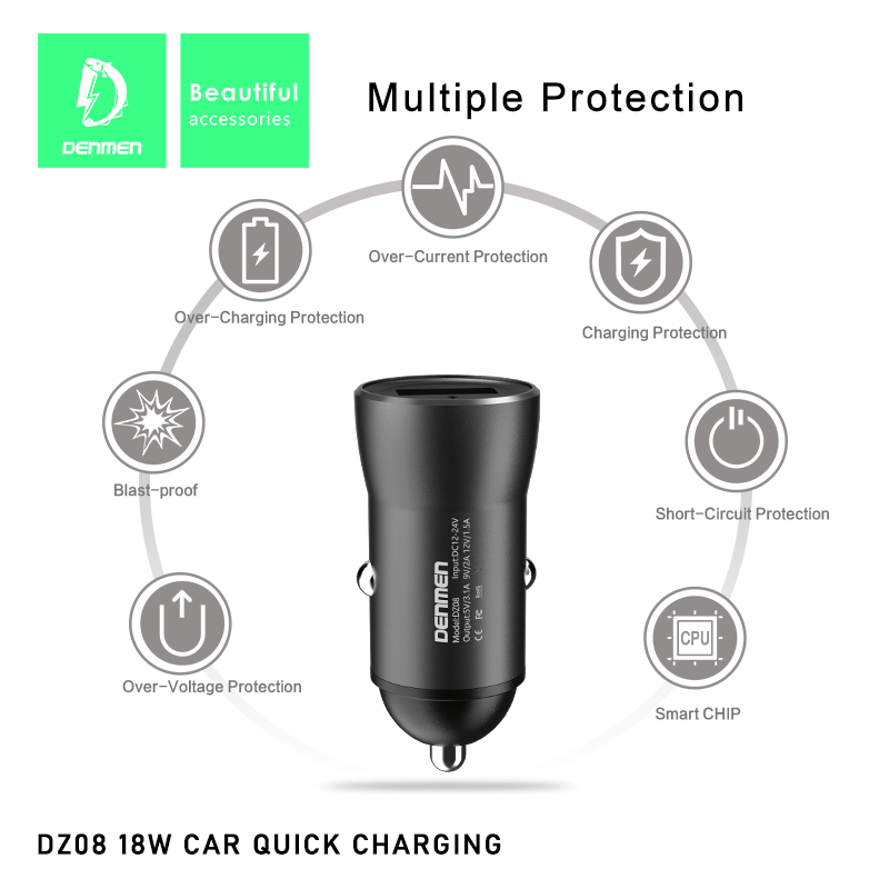 Автомобільний зарядний пристрій DENMEN DZ08 3.1A 1USB PORT 18W, QC3.0, FCP, AFC Автомобільний зарядний пристрій DENMEN DZ08 3.1A 1USB PORT 18W, QC3.0, FCP, AFC