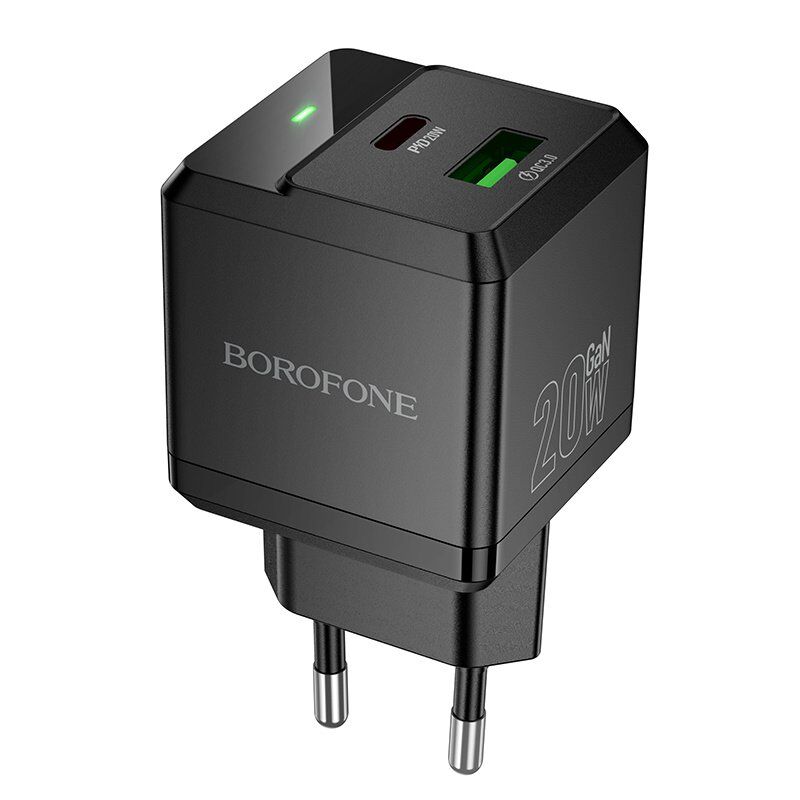 Мережевий зарядний пристрій BOROFONE BN19 Intenso PD 20W + QC 3.0 (USB-C + USB-A), чорний Мережевий зарядний пристрій BOROFONE BN19 Intenso PD 20W + QC 3.0 (USB-C + USB-A), чорний