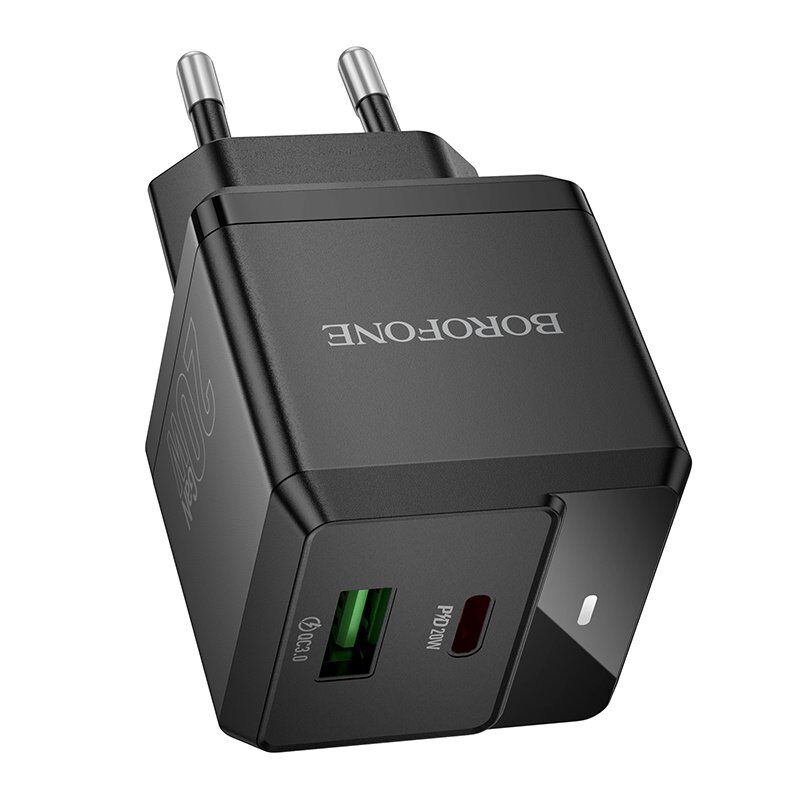 Мережевий зарядний пристрій BOROFONE BN19 Intenso PD 20W + QC 3.0 (USB-C + USB-A), чорний Мережевий зарядний пристрій BOROFONE BN19 Intenso PD 20W + QC 3.0 (USB-C + USB-A), чорний