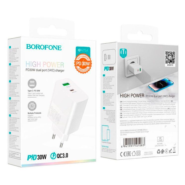 Мережевий зарядний пристрій BOROFONE BA75A Powerful dual port PD30W+QC3.0 charger(EU)