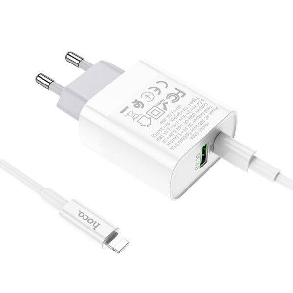 Мережевий зарядний пристрій HOCO C80A TYPE-C PD 20W + USB QC 3.0 + кабель TYPE-C - LIGHTNING, БІЛИЙ