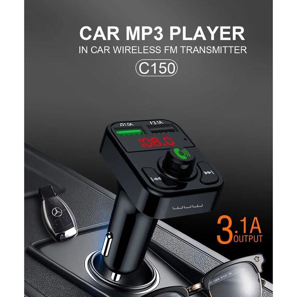 FM модулятор WUW C150 2 USB 3.1A Bluetooth з гучним зв'язком ЧОРНИЙ FM модулятор WUW C150 2 USB 3.1A Bluetooth з гучним зв'язком ЧОРНИЙ