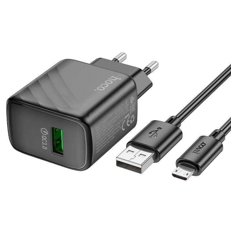 СЗУ HOCO CS21A QC 3.0 (1USB/18W) + USB - MicroUSB (32pc) (черный)
