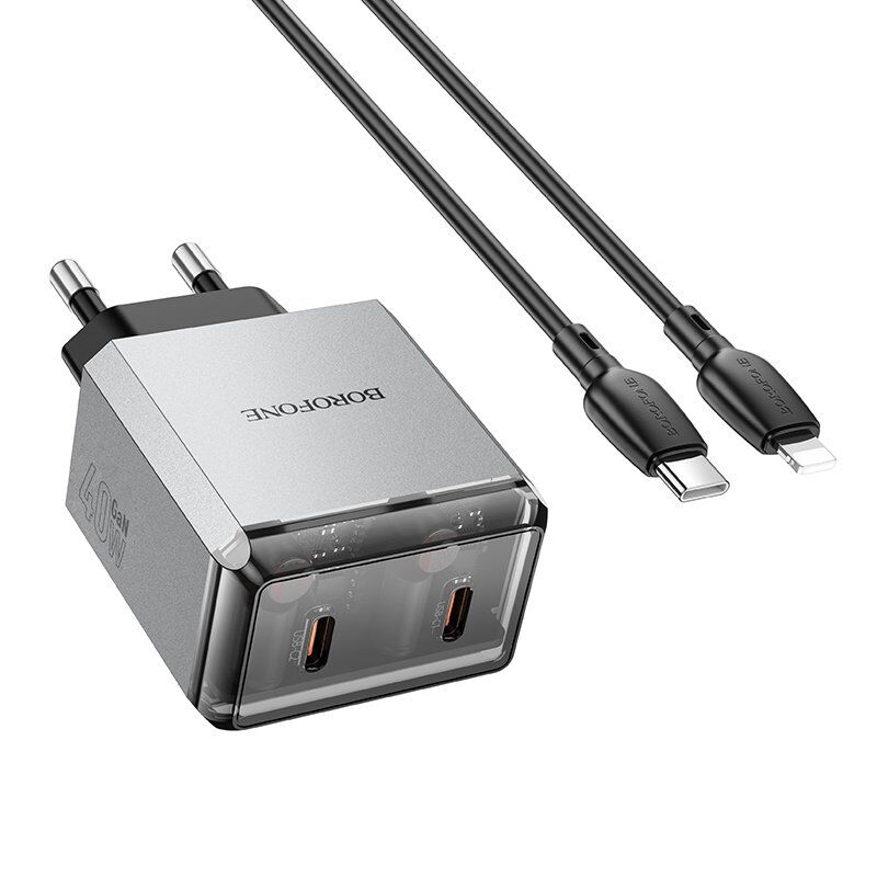 Мережевий зарядний пристрій BOROFONE BN21 Lena PD 40W (2×USB-C) + кабель Type-C - Lightning (iP), EU