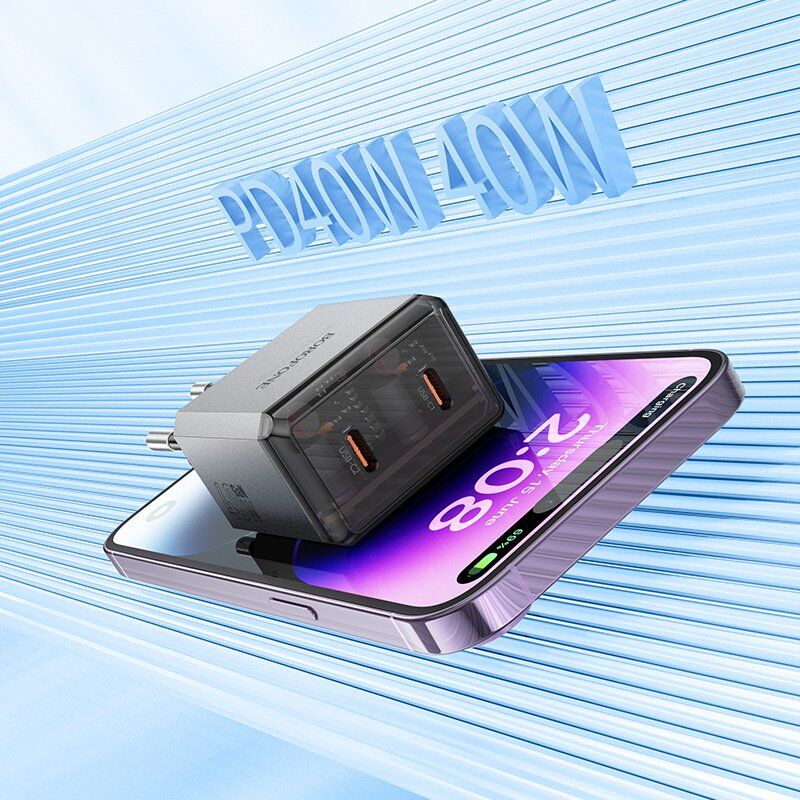 Мережевий зарядний пристрій BOROFONE BN21 Lena PD 40W (2×USB-C) + кабель Type-C - Lightning (iP), EU