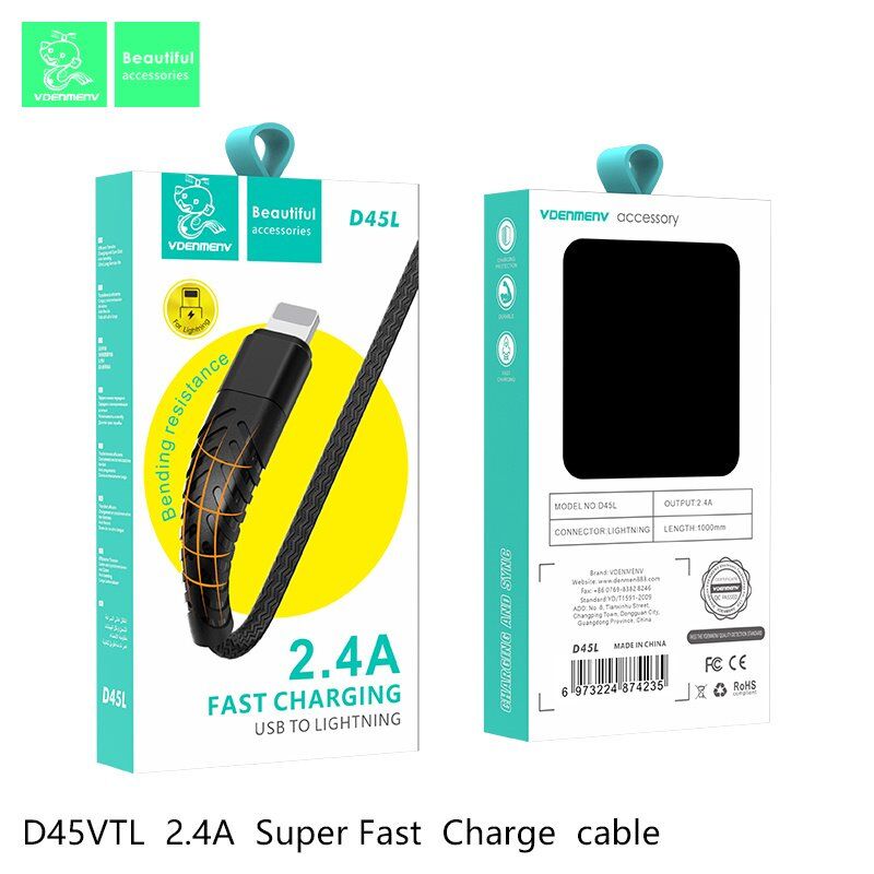 Кабель USB Denmen D45L USB - Lightning (2,4A) ТКАНИНОВА ОПЛЕТКА
