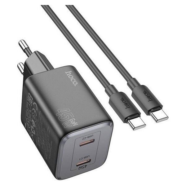 Мережевий зарядний пристрій HOCO N42 2 TYPE-C PD 45W + КАБЕЛЬ Type-C - Type-C, ЧОРНИЙ Мережевий зарядний пристрій HOCO N42 2 TYPE-C PD 45W + КАБЕЛЬ Type-C - Type-C, ЧОРНИЙ