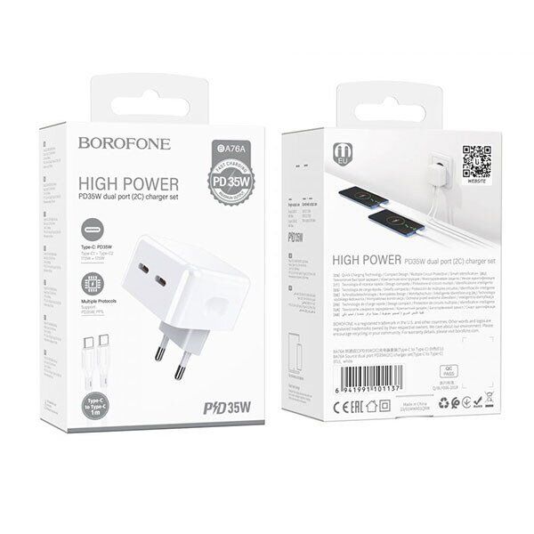 Мережевий зарядний пристрій BOROFONE BA76A PD35W USB-C 2 PORT + кабель TYPE-C - TYPE-C
