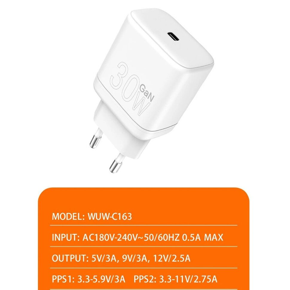 Мережевий зарядний пристрій WUW C163 GaN TYPE-C PD 30W Мережевий зарядний пристрій WUW C163 GaN TYPE-C PD 30W