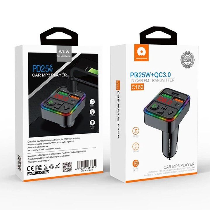 FM модулятор WUW C162 2 USB QC3.0 | 1 TYPE-C PD Bluetooth з гучним зв'язком ЧОРНИЙ FM модулятор WUW C162 2 USB QC3.0 | 1 TYPE-C PD Bluetooth з гучним зв'язком ЧОРНИЙ