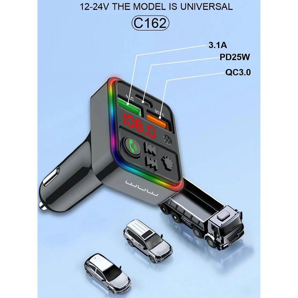 FM модулятор WUW C162 2 USB QC3.0 | 1 TYPE-C PD Bluetooth з гучним зв'язком ЧОРНИЙ FM модулятор WUW C162 2 USB QC3.0 | 1 TYPE-C PD Bluetooth з гучним зв'язком ЧОРНИЙ