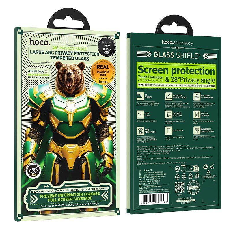 Скло для телефону HOCO A777 Plus Bear Shield anti-spy APPLE iPhone 16 PRO | iPhone 17 6.3" Скло для телефону HOCO A777 Plus Bear Shield anti-spy APPLE iPhone 16 PRO | iPhone 17 6.3"