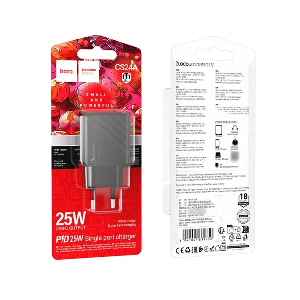 Мережевий зарядний пристрій HOCO CS24A Puerto Type-C PD 25W, ЧОРНИЙ