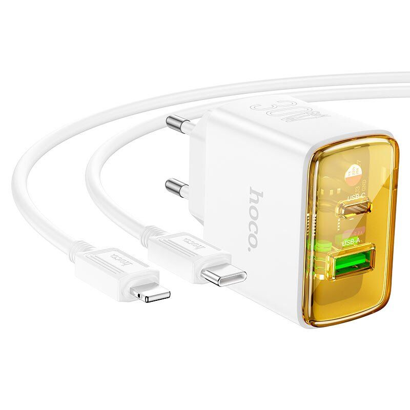 СЗУ HOCO CS42A PD30W+ QC3.0 (1USB/1Type-C) + Type-C - Lightning (32pc) (белый)
