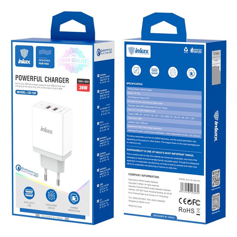 Мережевий зарядний пристрій INKAX CD-130 2 USB | QC 3.0 | 36W Мережевий зарядний пристрій INKAX CD-130 2 USB | QC 3.0 | 36W