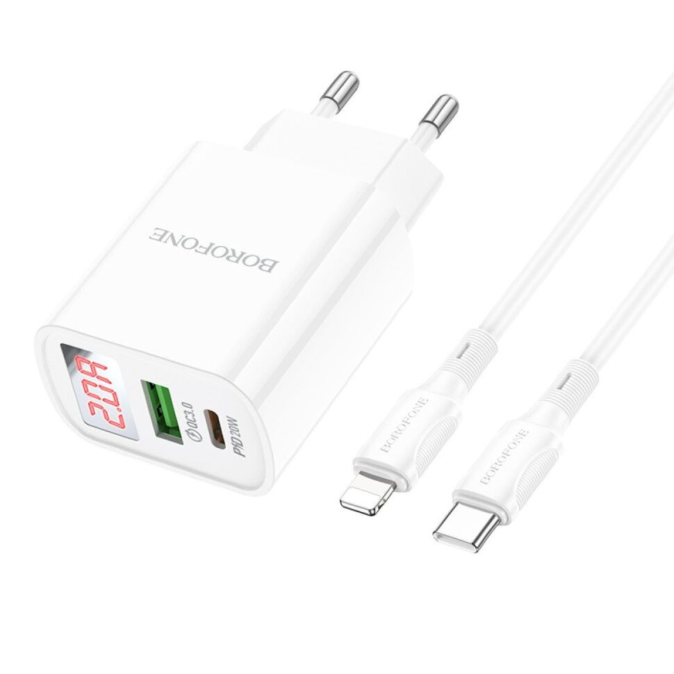 Мережевий зарядний пристрій BOROFONE BA78A Golden grid dual-port PD20W+QC3.0 charger with digital display + кабель TYPE-C - LIGHTNING