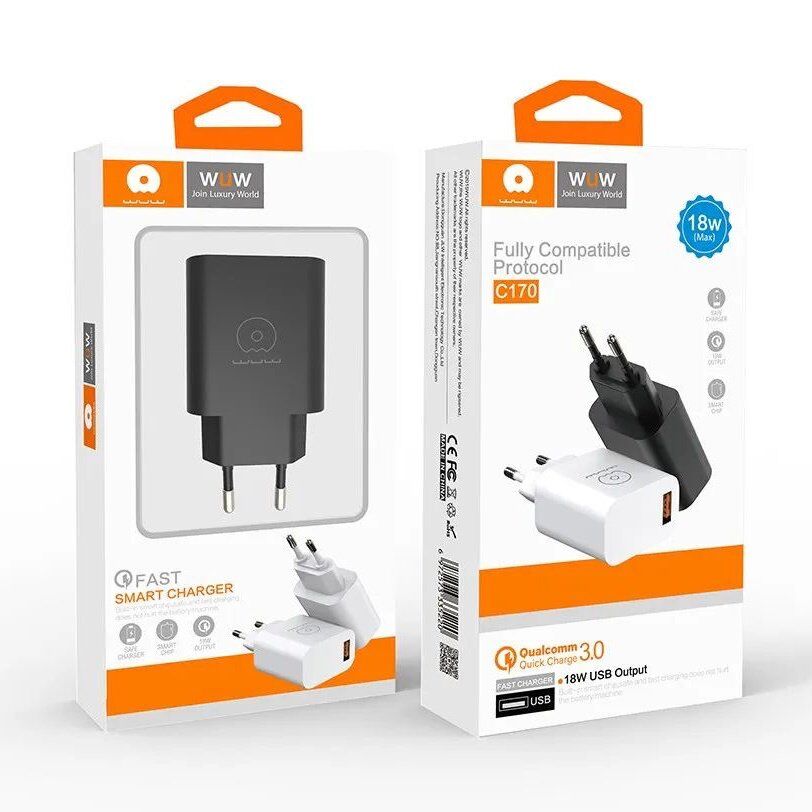 Мережевий зарядний пристрій WUW C170 18W USB QC3.0 БІЛИЙ Мережевий зарядний пристрій WUW C170 18W USB QC3.0 БІЛИЙ