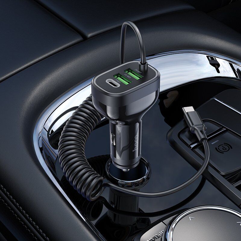 Автомобильное зарядное устройство HOCO NZ11A TYPE-C PD 30W/2USB + встроенный кабель Type-C, черный