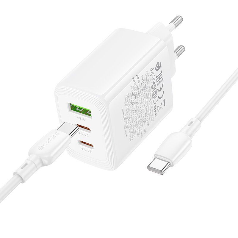 Мережевий зарядний пристрій BOROFONE BN32 PD 65W (2×USB-C + 1×USB-A) + кабель Type-C - Type-C, EU