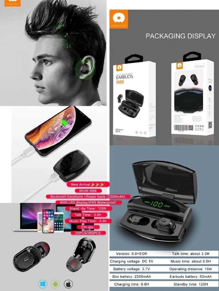 Бездротові навушники WUW R89 TWS Wireless earbuds + POWER BANK
