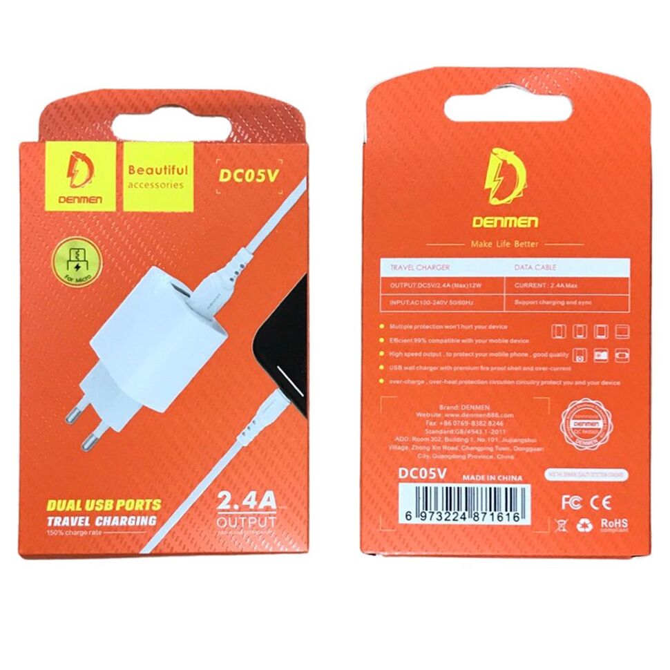 Мережевий зарядний пристрій DENMEN DC05V + CABLE Micro-USB 2.4A 2USB Мережевий зарядний пристрій DENMEN DC05V + CABLE Micro-USB 2.4A 2USB