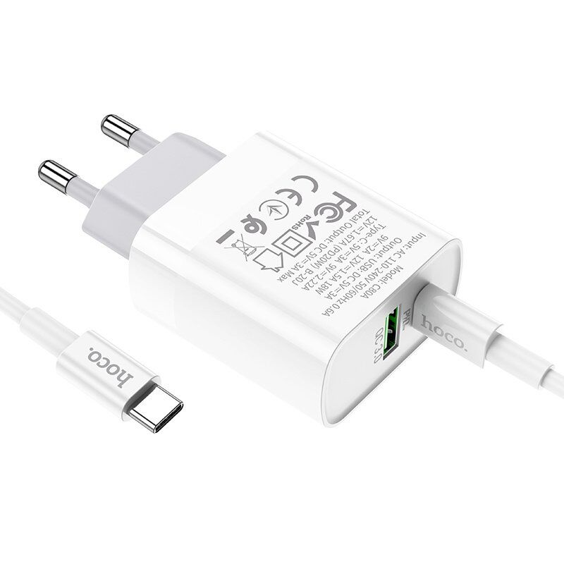 СЗУ HOCO C80A PD 20W+QC3.0 (1USB/1Type-C/3.1A) + Type-C - Type-C (12pc) (белый)