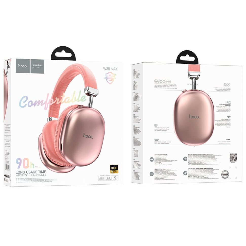Бездротові повнорозмірні навушники HOCO W35 Max Auspicious з активним шумозаглушенням, рожевий Бездротові повнорозмірні навушники HOCO W35 Max Auspicious з активним шумозаглушенням, рожевий