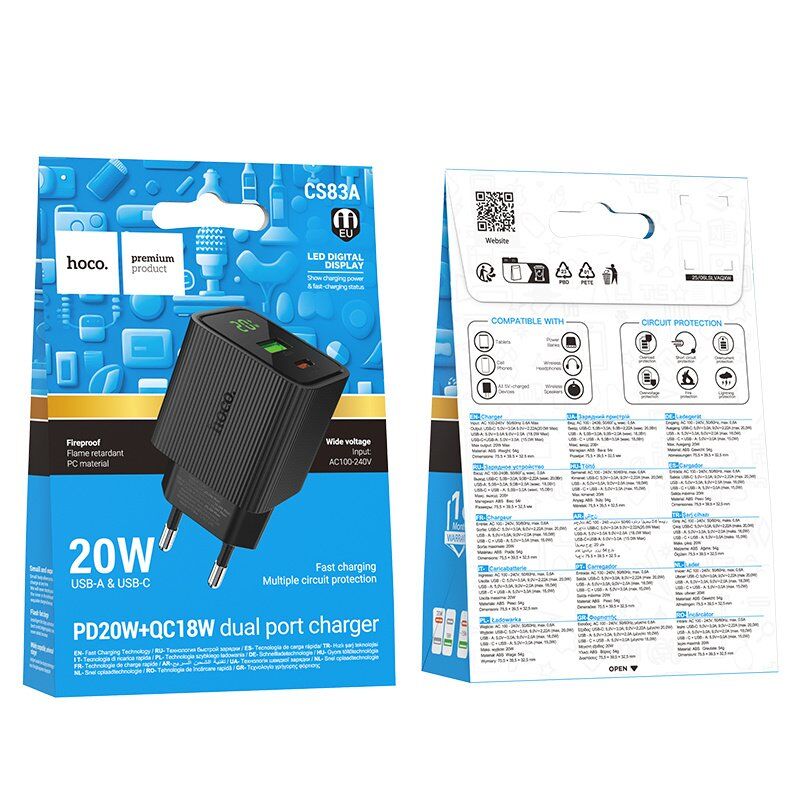 Мережевий зарядний пристрій HOCO CS83A Excellent PD 20W + QC3.0 з цифровим дисплеєм, чорний