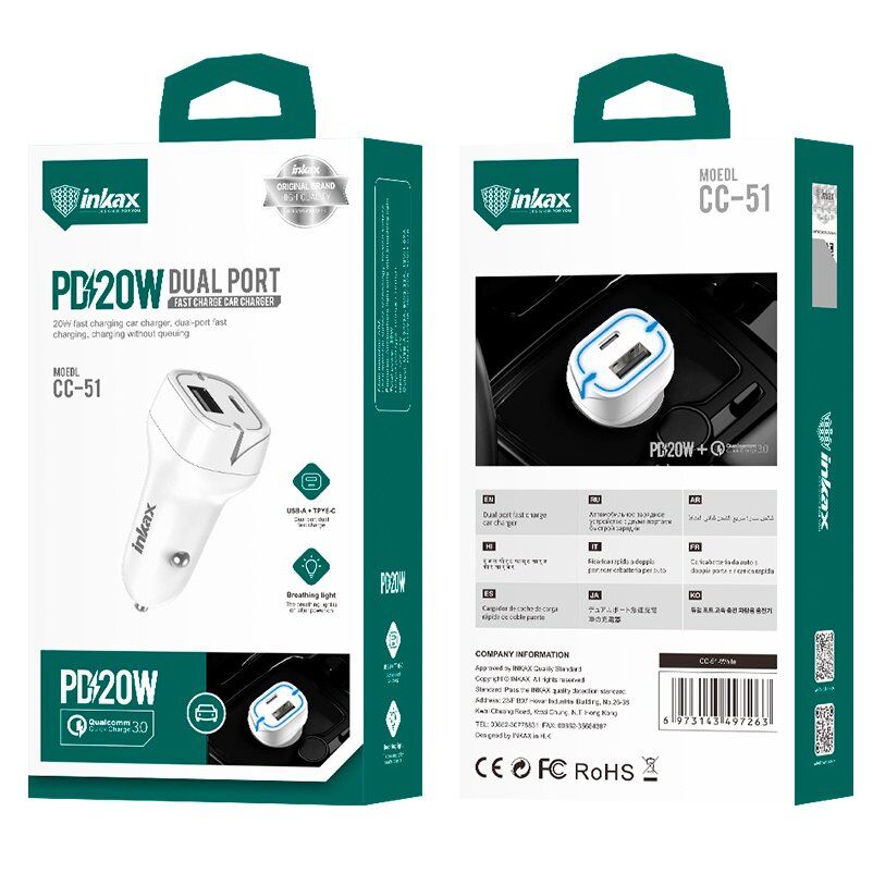 Автомобільний зарядний пристрій INKAX CC-51 1 USB QC 3.0 18W | 1 TYPE-C 20W