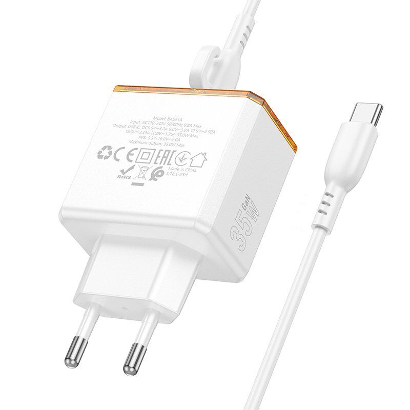 Мережевий зарядний пристрій BOROFONE BAS31A TYPE-C PD 35W + кабель TYPE-C - TYPE-C, білий Мережевий зарядний пристрій BOROFONE BAS31A TYPE-C PD 35W + кабель TYPE-C - TYPE-C, білий