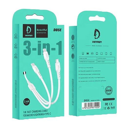 Кабель USB Denmen D05E 3В1 2.4A USB - Lightning/Micro/Type-C Кабель USB Denmen D05E 3В1 2.4A USB - Lightning/Micro/Type-C