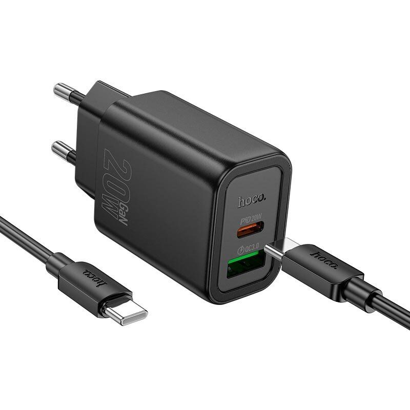 Мережевий зарядний пристрій HOCO N61 Gentle TYPE-C PD 20W + USB QC 3.0 + кабель TYPE-C - TYPE-C, чорний