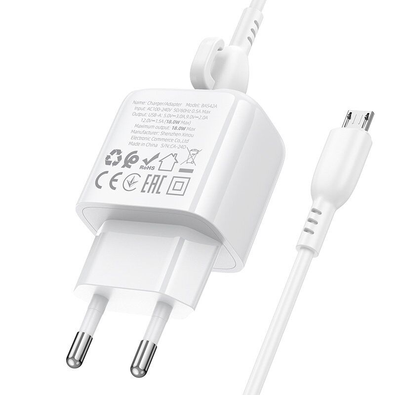 Мережевий зарядний пристрій BOROFONE BAS42A USB QC3.0 + кабель USB - MICRO, білий Мережевий зарядний пристрій BOROFONE BAS42A USB QC3.0 + кабель USB - MICRO, білий