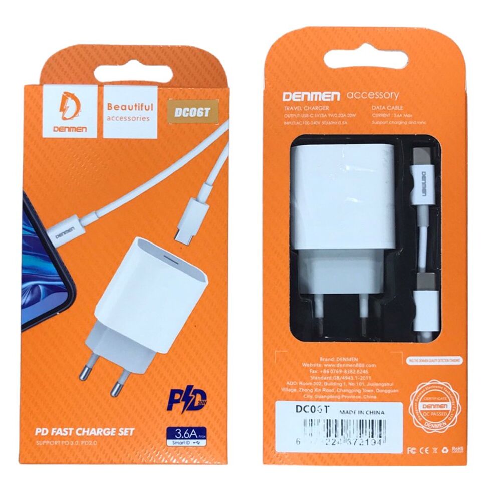 Мережевий зарядний пристрій DENMEN DC06T 3.6A USB-C + CABLE TYPE-C TO TYPE-C PD 20W Мережевий зарядний пристрій DENMEN DC06T 3.6A USB-C + CABLE TYPE-C TO TYPE-C PD 20W