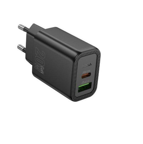 Мережевий зарядний пристрій HOCO N61 Gentle TYPE-C PD 20W + USB QC 3.0, чорний Мережевий зарядний пристрій HOCO N61 Gentle TYPE-C PD 20W + USB QC 3.0, чорний