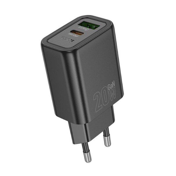 Мережевий зарядний пристрій HOCO N61 Gentle TYPE-C PD 20W + USB QC 3.0, чорний Мережевий зарядний пристрій HOCO N61 Gentle TYPE-C PD 20W + USB QC 3.0, чорний