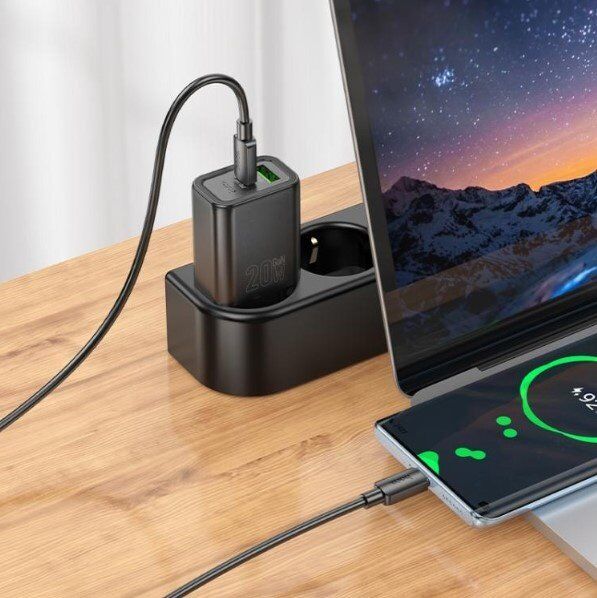 Мережевий зарядний пристрій HOCO N61 Gentle TYPE-C PD 20W + USB QC 3.0, чорний Мережевий зарядний пристрій HOCO N61 Gentle TYPE-C PD 20W + USB QC 3.0, чорний