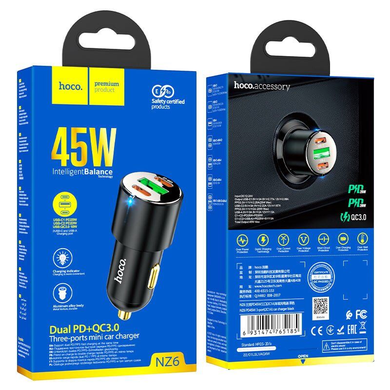 Автомобільний зарядний пристрій HOCO NZ6 45W 2×Type-C PD + USB-A QC3.0, чорний