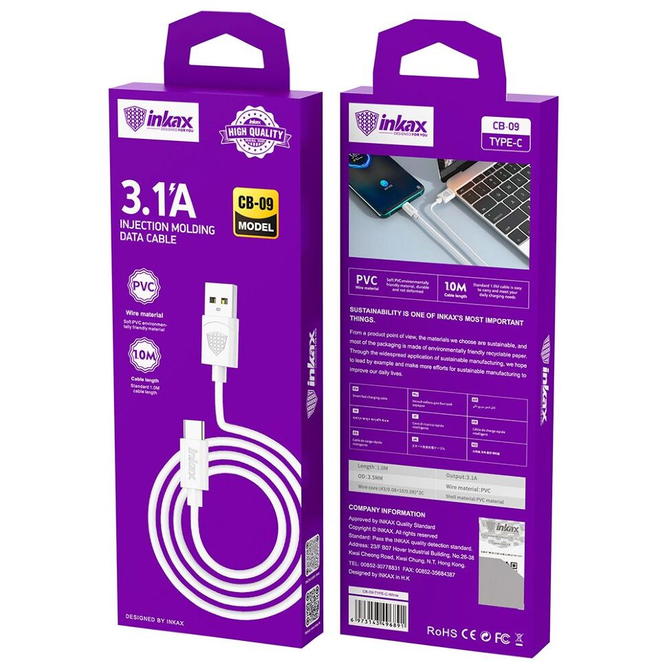 КАБЕЛЬ USB INKAX CB-09 TYPE-C 1 метр 3.1A КАБЕЛЬ USB INKAX CB-09 TYPE-C 1 метр 3.1A