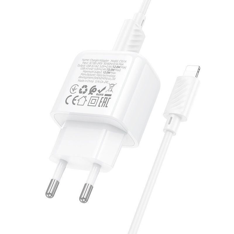 Мережевий зарядний пристрій HOCO CS51A 2USB 2.4A + кабель USB - LIGHTNING, білий