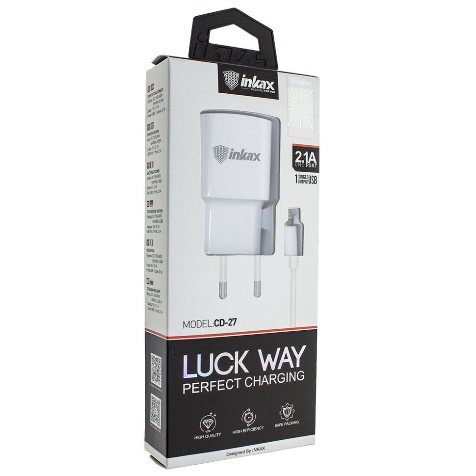 Мережевий зарядний пристрій INKAX CD-27 2.1A + USB кабель LIGHTNING Мережевий зарядний пристрій INKAX CD-27 2.1A + USB кабель LIGHTNING